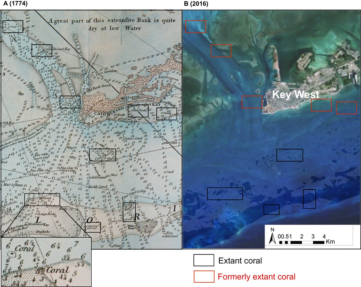 Example of nearshore coral loss near Key West, Florida, with an excerpt of a 1774 nautical chart with locations of coral in black rectangles, and the same area today on Google Earth, with black rectangles indicating areas of coral persistence, and gray for coral loss (courtesy Science Advances)