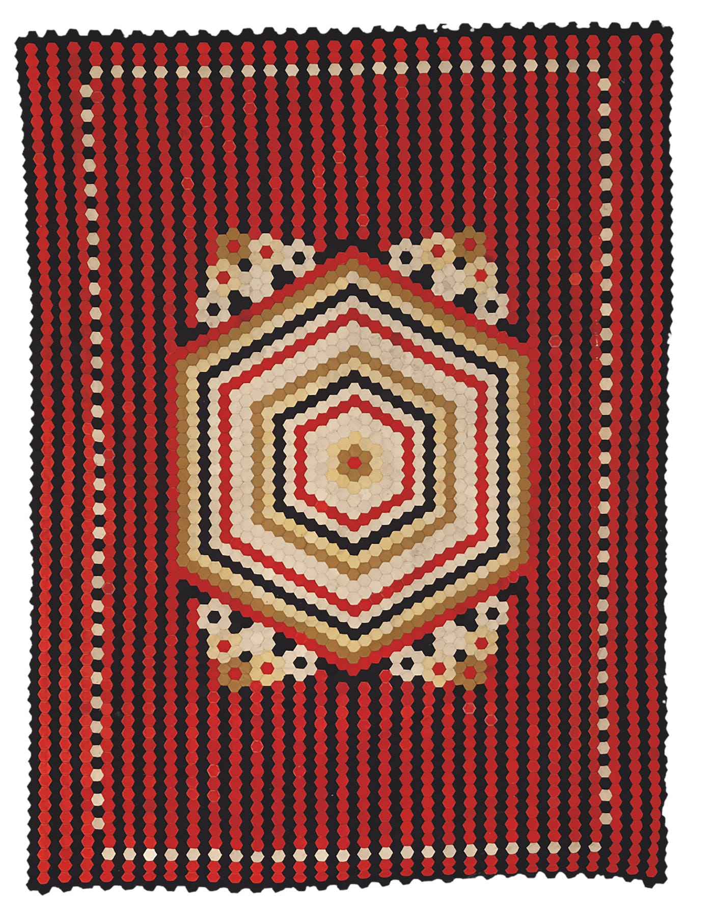 Artist unidentified, Soldier’s Hexagon Quilt (Crimea or United Kingdom, late 19th century), wool from military uniforms, 85 x 64 inches (courtesy the Annette Gero Collection, photo by Tim Connolly, Shoot Studios)