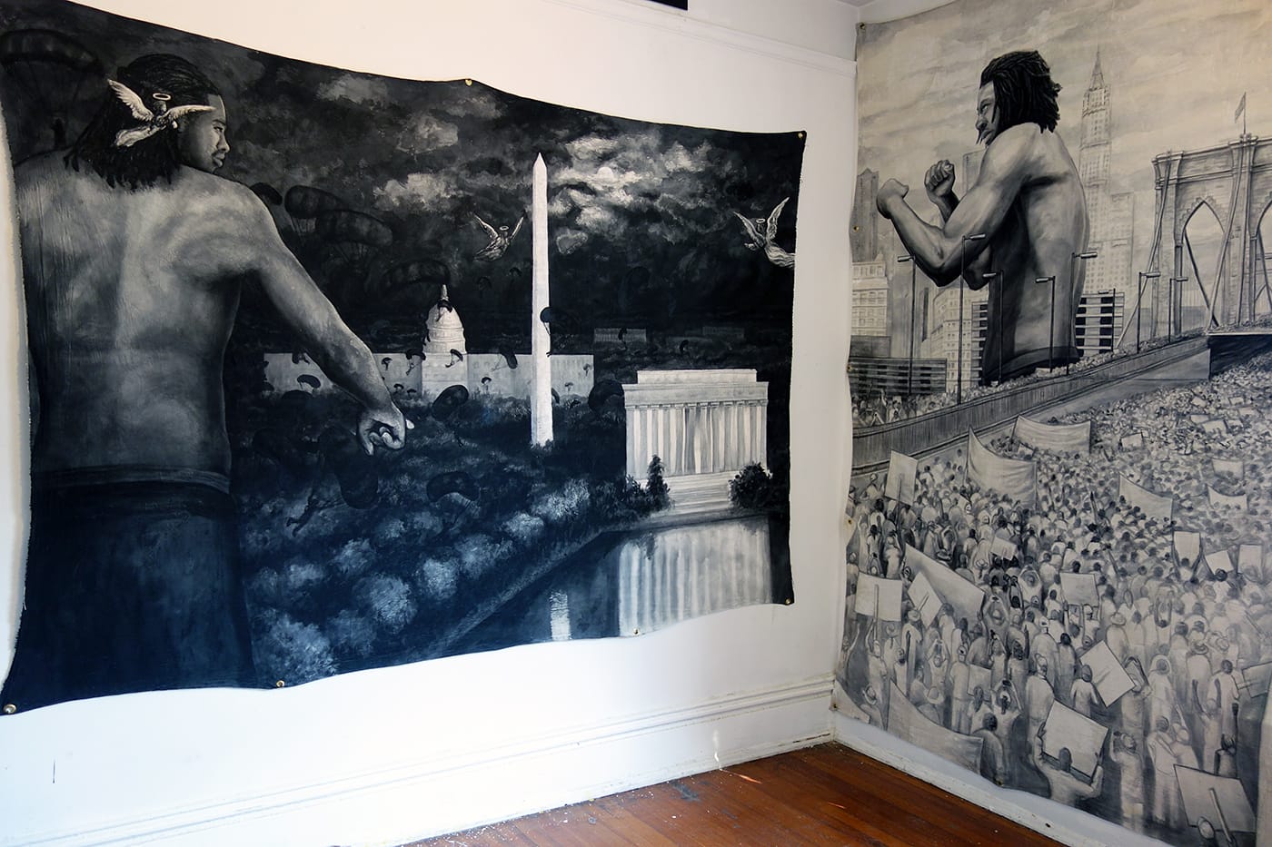 Installation view of acrylic paint and gesso canvases by Dáreece Walker