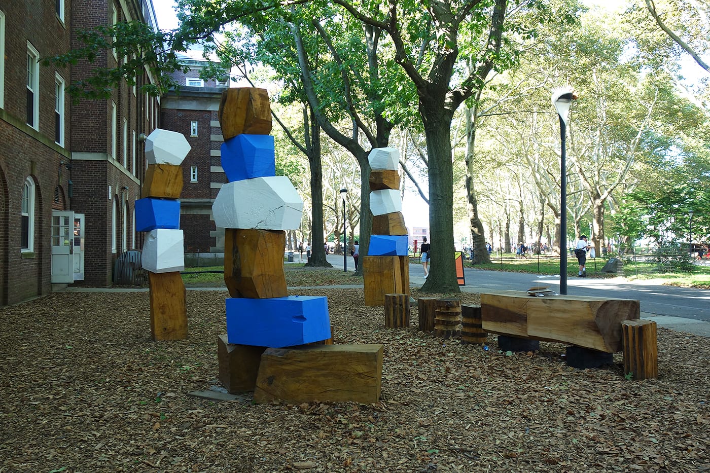 Heinrich Spillmann, "Celestial Heroes’ Totem Marker Group," various wood species, wood sealer, latex paint