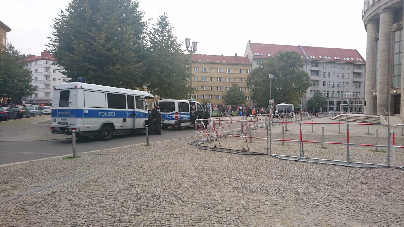 Police vans outside the Volksbühne theater (photo by and courtesy Katrin Riedel)