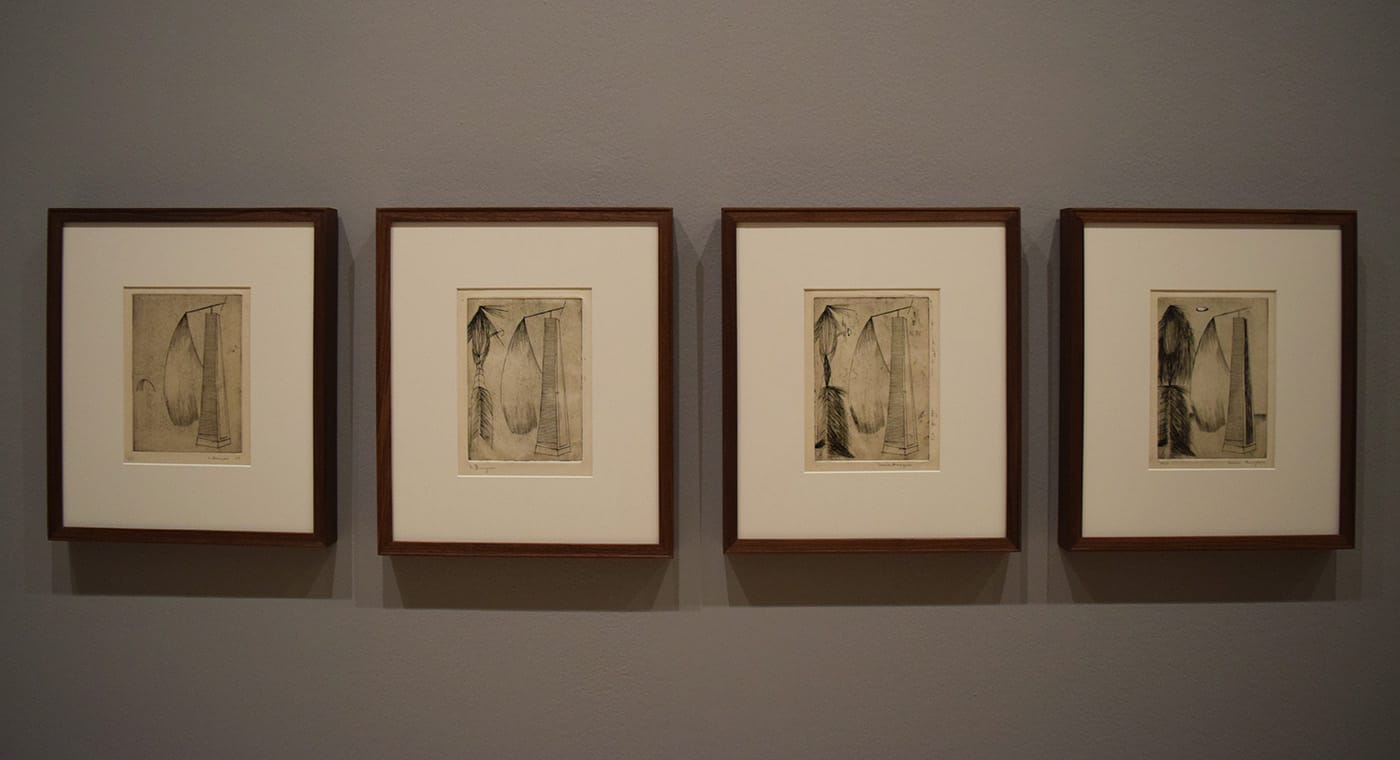 Louise Bourgeois, four different prints titled "Pivotage Difficile" ("Difficult Steering," 1947); three are engravings and the one at far right is an engraving with scorper