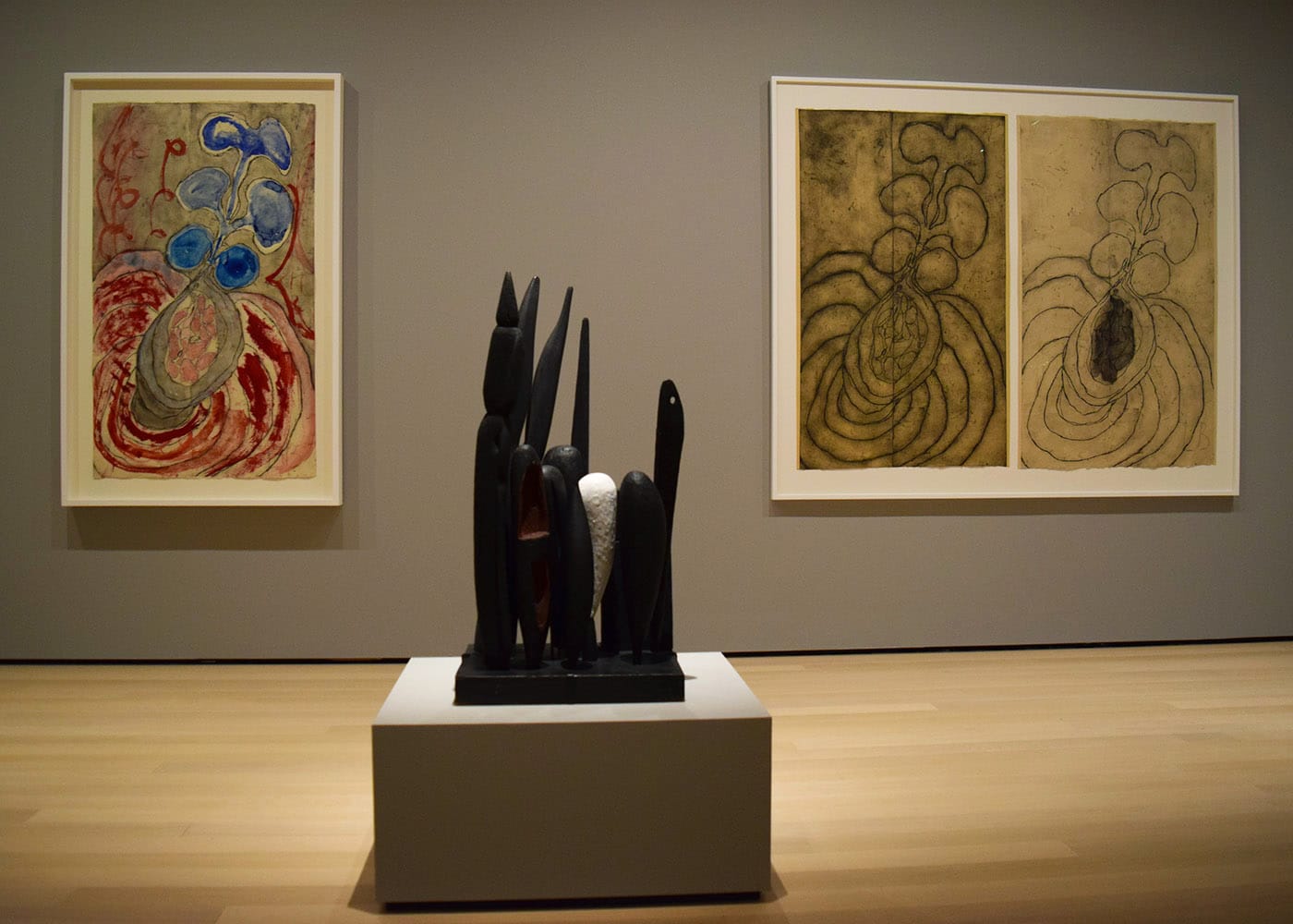 Installation view of Louise Bourgeois: An Unfolding Portrait at the Museum of Modern Art featuring works inspired by nature but verging on abstraction
