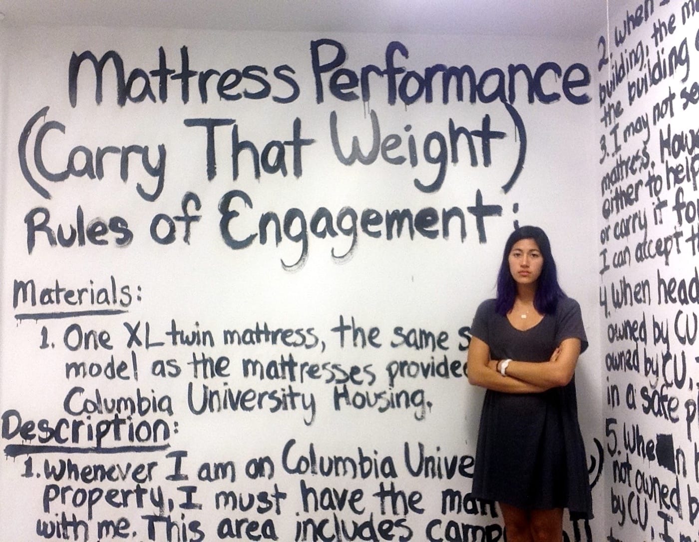 Emma Sulkowicz and the rules of engagement of "Mattress Performance (Carry That Weight)" (2014–15) (via Wikimedia Commons)