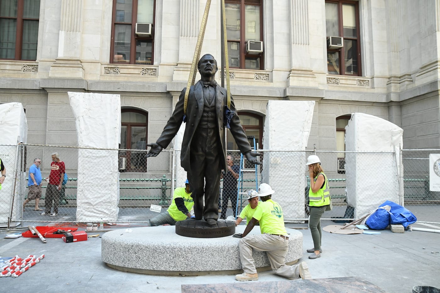 The Octavius V. Catto being installation at Philadelphia's City Hall (photo by Kelly Burkhardt, courtesy Office of the Mayor)