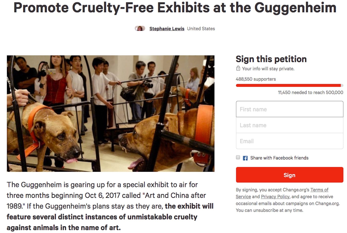 The original Change.org petition calling for the removal of three works from <em>Art and China after 1989: Theater of the World</em> has accrued nearly 500,000 signatures. (screenshot by the author)