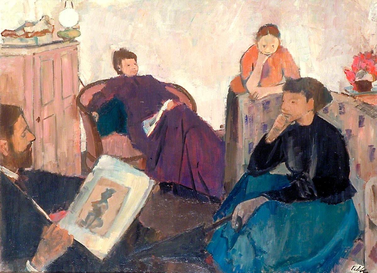Geoffrey Arthur Tibble, "The Discussion" (1948), oil on canvas (Government Art Collection, courtesy Art UK)
