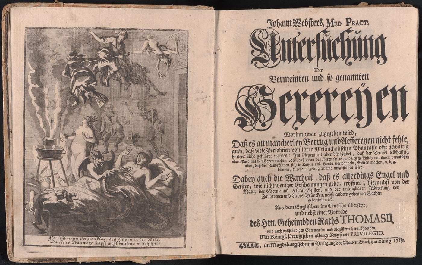 John Webster, <em>Untersuchung der vermeinten und so genannten Hexereÿen :worinn zwar zugegeben wird, dass es an mancherley Betrug und Aeffereyen nicht fehle, auch, dass viele Persohnen von ihrer melancholischen Phantasie offt gewaltig hinters Licht geführet werden ...</em> (courtesy Cornell University Library)