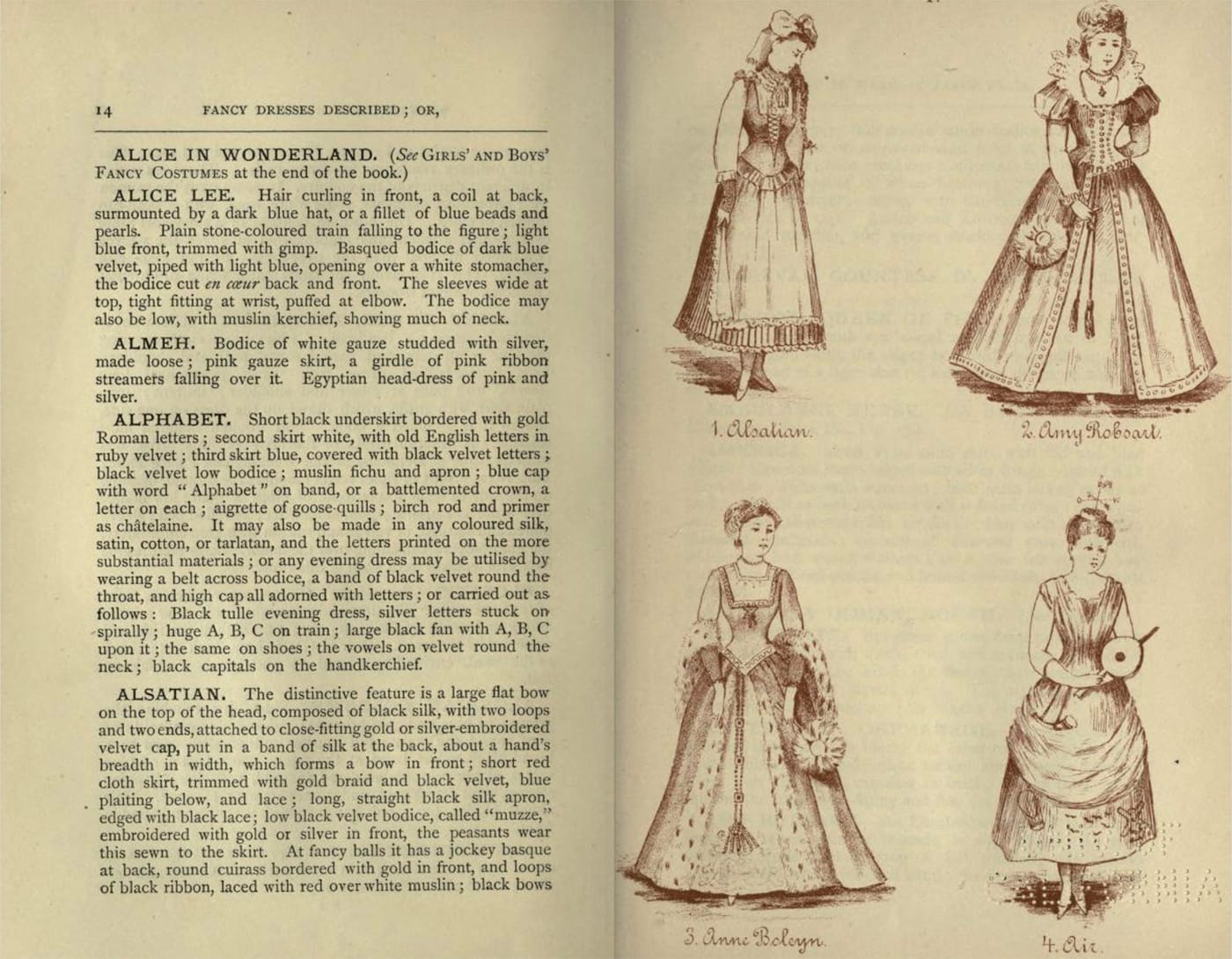 Costumes for Alsatian, Amy Robsart, Anne Boleyn, and Air from Fancy dresses described : or, What to wear at fancy balls (1887) (via Internet Archive)