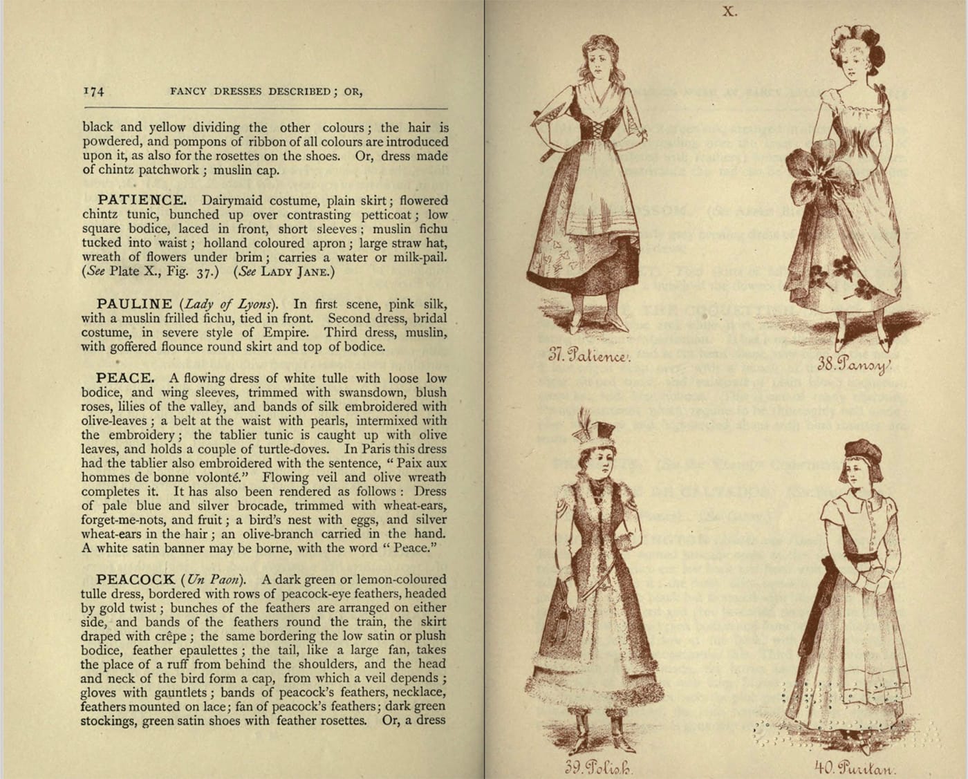 Costumes for Patience, Pansy, Polish, and Puritan from Fancy dresses described : or, What to wear at fancy balls (1887) (via Internet Archive)