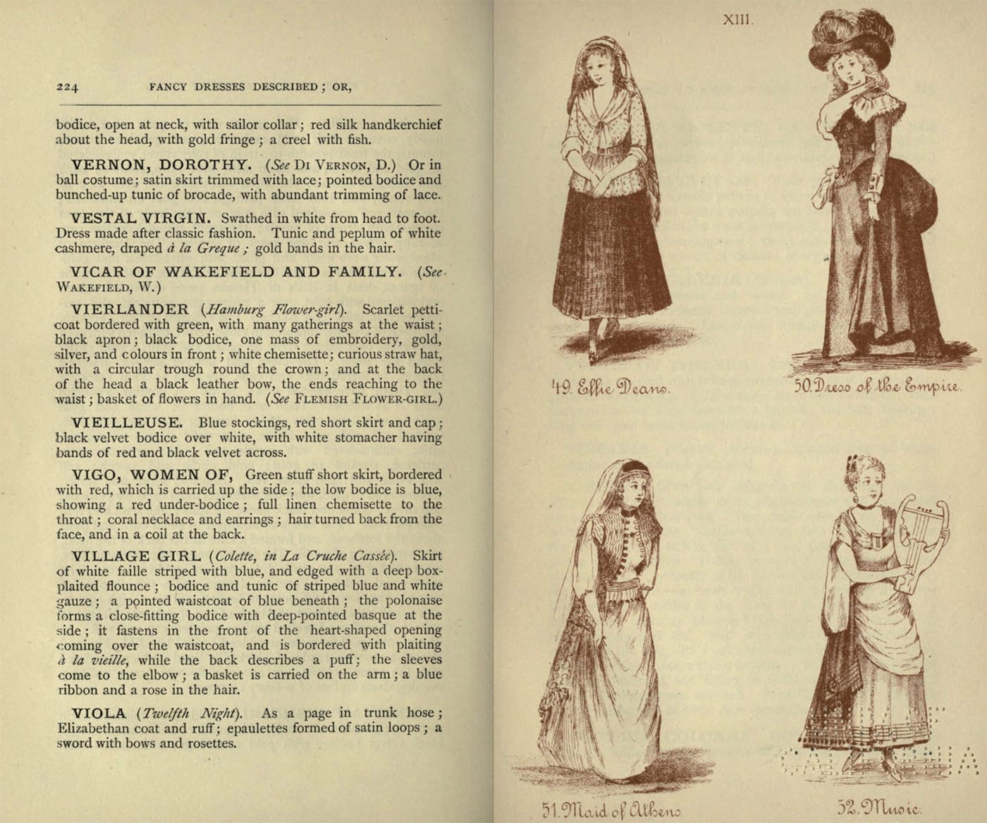 Costumes for Effie Deans, Dress of the Empire, Maid of Athens, and Music from Fancy dresses described : or, What to wear at fancy balls (1887) (via Internet Archive)