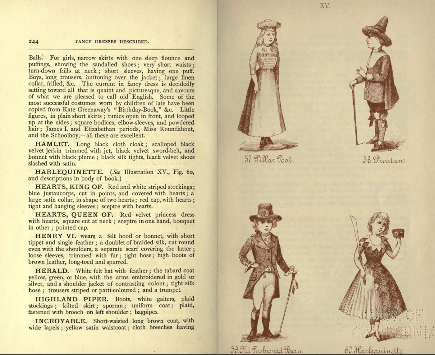 Children's costumes for Pillar Post, Puritan, Old Fashioned Beau, and Harlequinette from Fancy dresses described : or, What to wear at fancy balls (1887) (via Internet Archive)