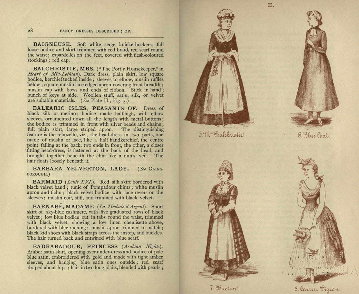 Costumes for Mrs. Balchristie, Blue Coat, Breton, and Carrier Pigeon from Fancy dresses described : or, What to wear at fancy balls (1887) (via Internet Archive)