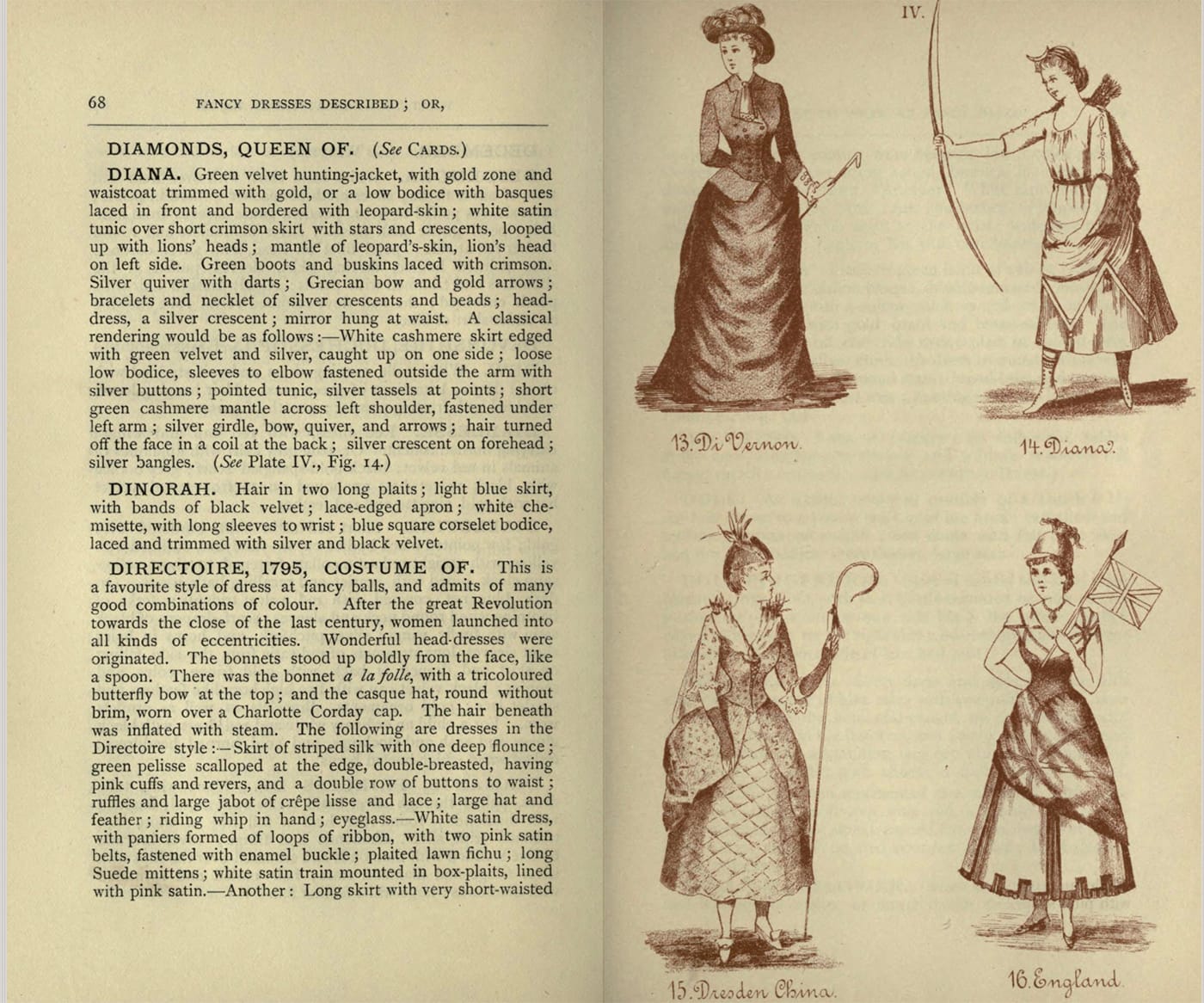 Costumes for Di Vernon, Diana, Dresden China, and England from Fancy dresses described : or, What to wear at fancy balls (1887) (via Internet Archive)