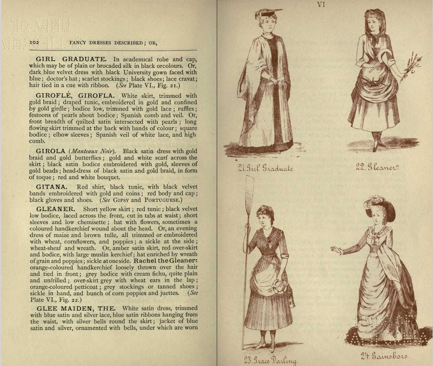 Costumes for Girl Graduate, Gleaner, Grace Darling, and Gainsborough (after the artist) from Fancy dresses described : or, What to wear at fancy balls (1887) (via Internet Archive)