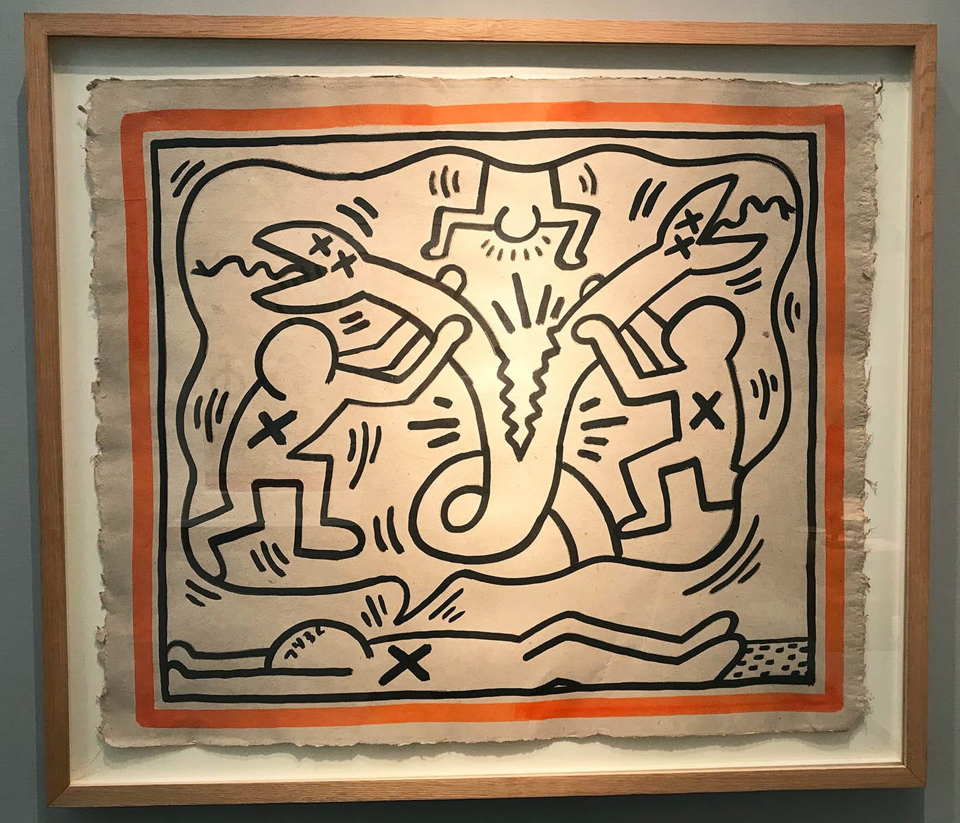 Keith Haring, "Untitled" (1982), Sumi ink on handmade linen paper, 24.75 x 29.12 in (photo by the author for Hyperallergic)