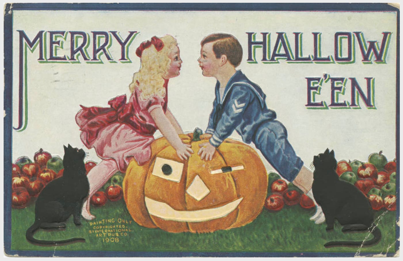 "Merry Halloween" (International Art Publishing Co., 1909) (via Special Collections Department, Postcard Collection, Enoch Pratt Free Library)