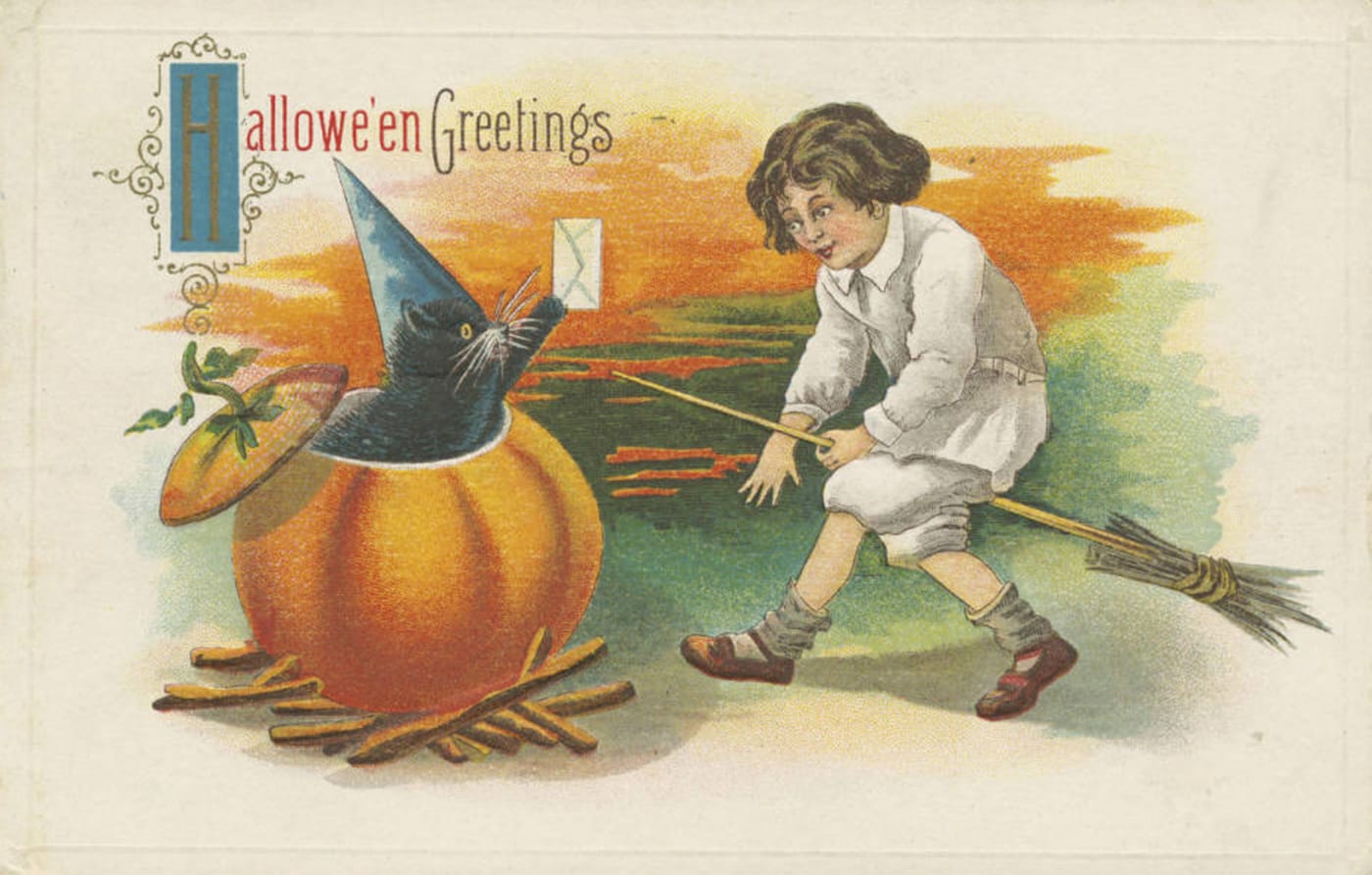 "Hallowe'en greetings" (Barton & Spooner, 1913) (via Special Collections Department, Postcard Collection, Enoch Pratt Free Library)