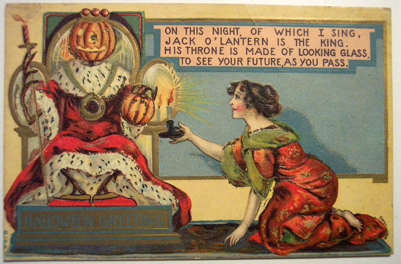 "On this night, of which I sing, ack O'Lantern is the king. His throne is made of Looking Glass. To see your future, as you pass." (via vintagehalloweencollector/Flickr)