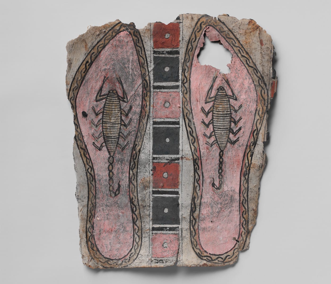 Panel from beneath feet of a cartonnage, with scorpions on soles, Egyptian, late 3rd century BCE–1st century CE; cartonnage, paint, 10 1/2 x 8 11/16 in (Metropolitan Museum of Art, via Wikimedia Commons)