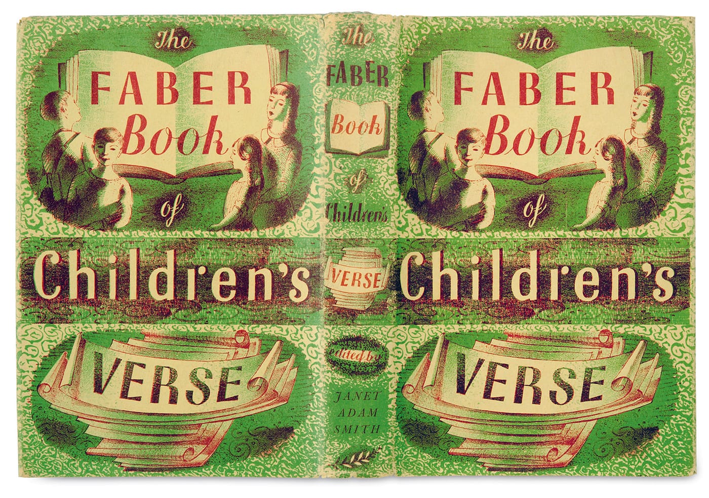 Art by Barnett Freedman for <em>The Faber Book of Children’s Verse</em> edited by Janet Adam Smith (Faber and Faber, 1953). Many of Freedman’s book jackets were designed to repeat the front image on the back seamlessly. The design is also repeated on the cover boards. (© The Estate of Barnett Freedman, from the collection of Martin Salisbury, photo by Simon Pask)