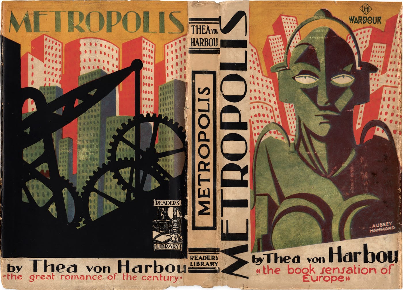 Art by Aubrey Hammond for <em>Metropolis</em> by Thea von Harbou (Readers Library, 1927). Hammond’s design juxtaposes delicate color harmony with nightmarish vision. (Collection of Mark Terry/Facsimile Dust Jackets L.L.C.)