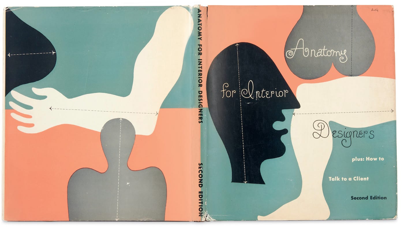 Art by Alvin Lustig for <em>Anatomy for Interior Designers</em> by Francis de N. Schroeder (Whitney Publications, New York, 1948). Lustig’s distinctive hand-rendered lettering was a key pictorial feature of the early editions of this jacket design. In later editions this was removed and replaced by a font, a rather ill-fitting Akzidenz-Grotesk Bold. (Reproduced by permission of the Alvin Lustig Archive)