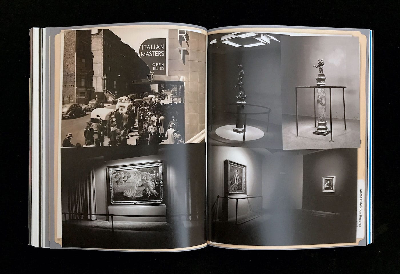 Photograph of crowds outside waiting to see the exhibition; installation views of the <em>Italian Masters</em> exhibition (Photographic Archive, MoMA Activities) (courtesy Esopus)