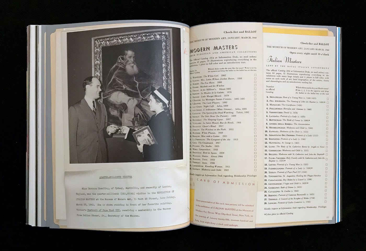 Photograph of quarter-millionth visitor to the exhibition receiving a lifetime membership (Photographic Archive, MoMA Activities); Visitor ballots and admission card (Abby Aldrich Rockefeller Scrapbooks, vol. 6, and MoMA Exhibits) (courtesy Esopus)