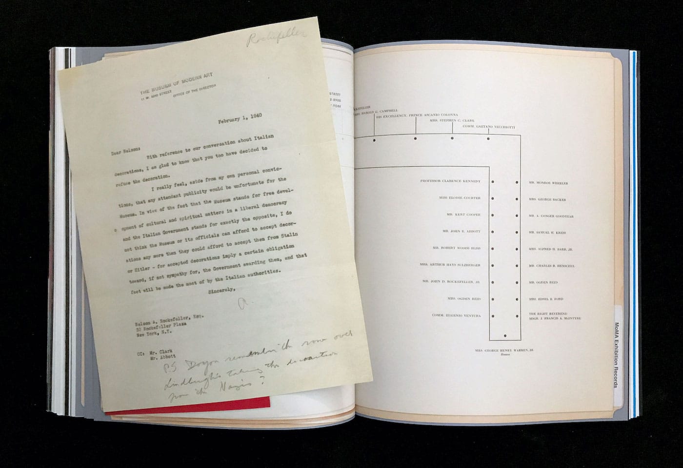  Letter from Alfred H. Barr Jr. to Nelson A. Rockefeller, February 1, 1940 (MoMA Exhibits); Seating chart found in the program for a banquet held in honor of the exhibition, January 25, 1940 (MoMA Exhibits) (courtesy Esopus)