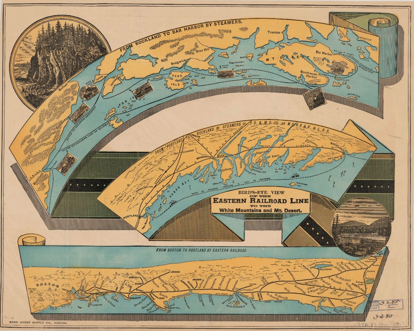“Bird's-eye View of the Eastern Railroad Line to the White Mountains and Mt. Desert” (1890) (courtesy Harvard Map Collection)