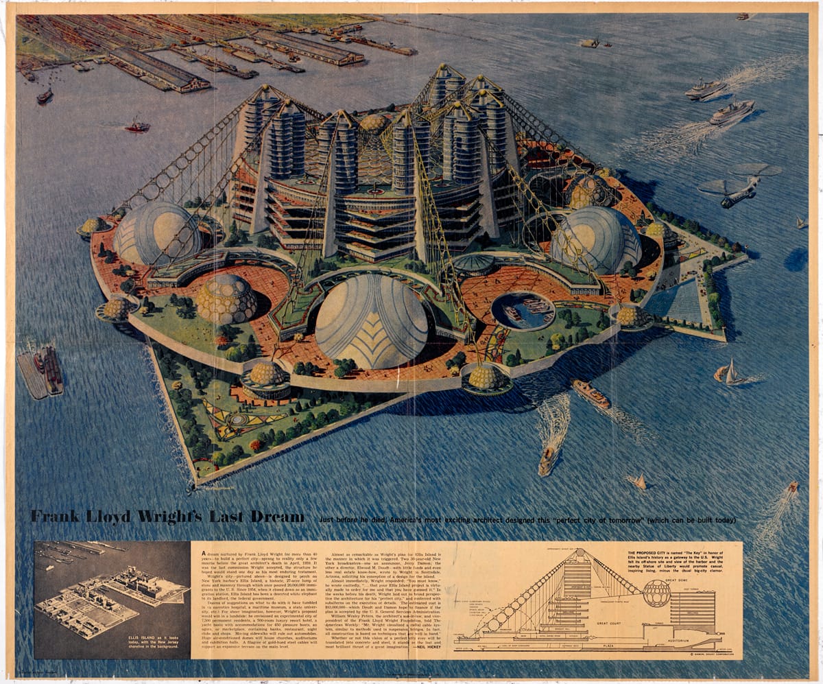 Frank Lloyd Wright, "Key Plan for Ellis Island" (1959), pencil and colored pencil on paper (courtesy the Frank Lloyd Wright Foundation Archives, the Museum of Modern Art, Avery Architectural & Fine Arts Library, Columbia University)