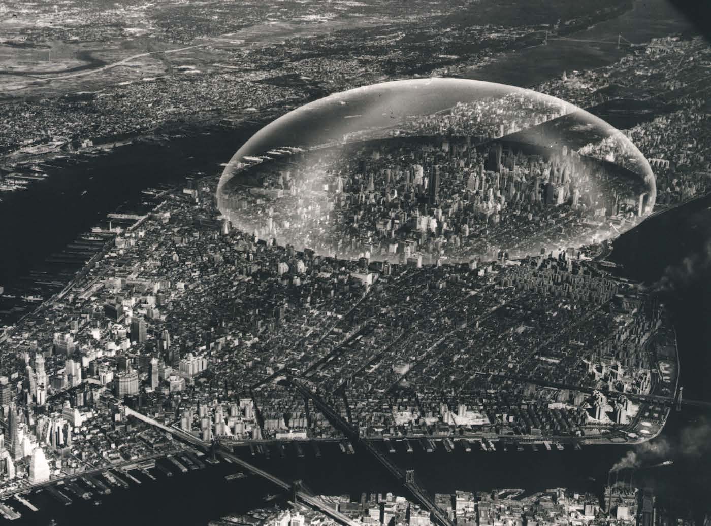 Buckminster Fuller, "Dome Over Manhattan" (1960), black and white photograph on board with dome overlay (courtesy The Estate of R. Buckminster Fuller)