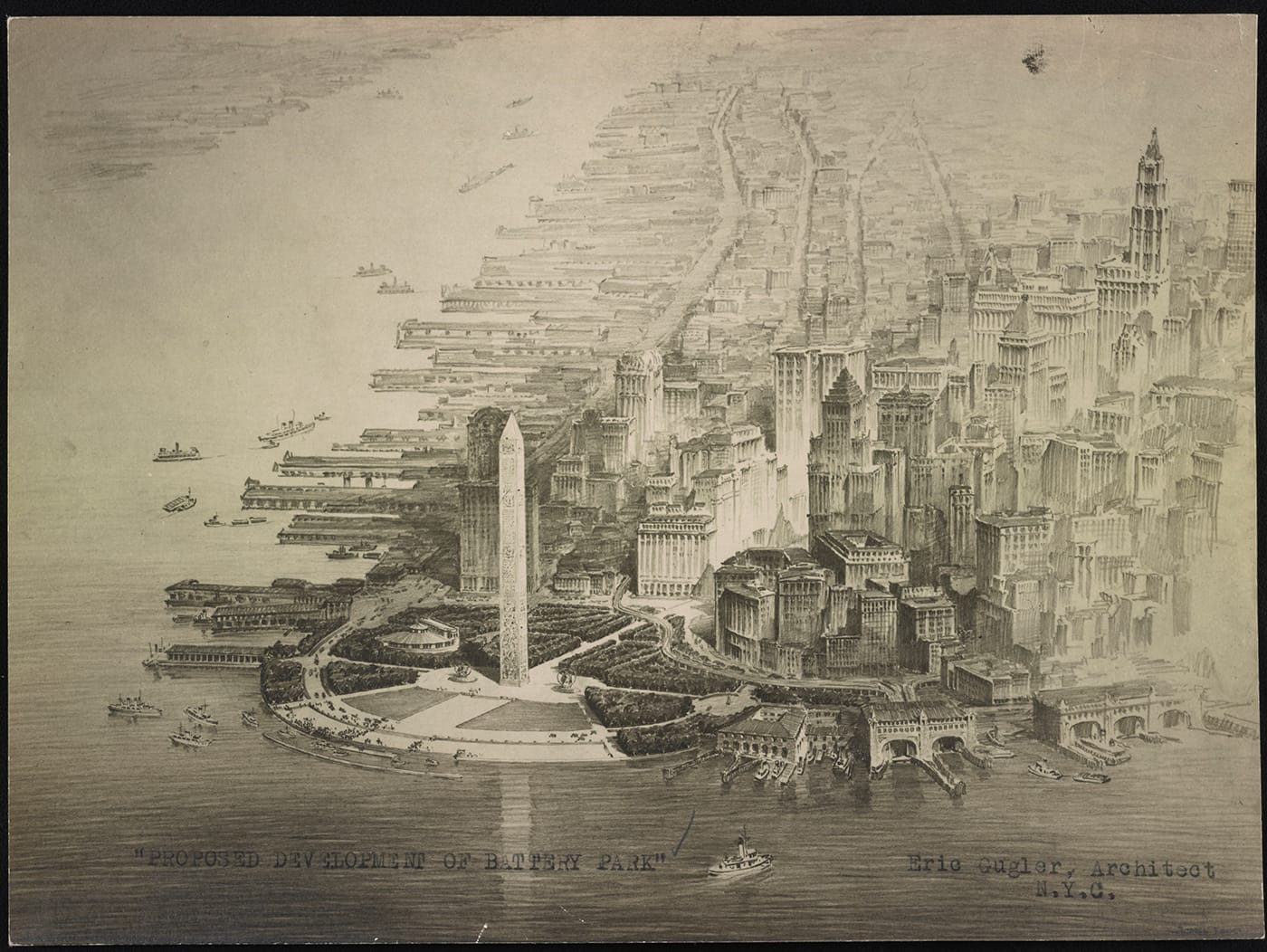 Eric Gugler, "Development of Battery Park (Bird's eye view showing proposed plan)" (1929), gelatin silver print (courtesy Library of Congress)