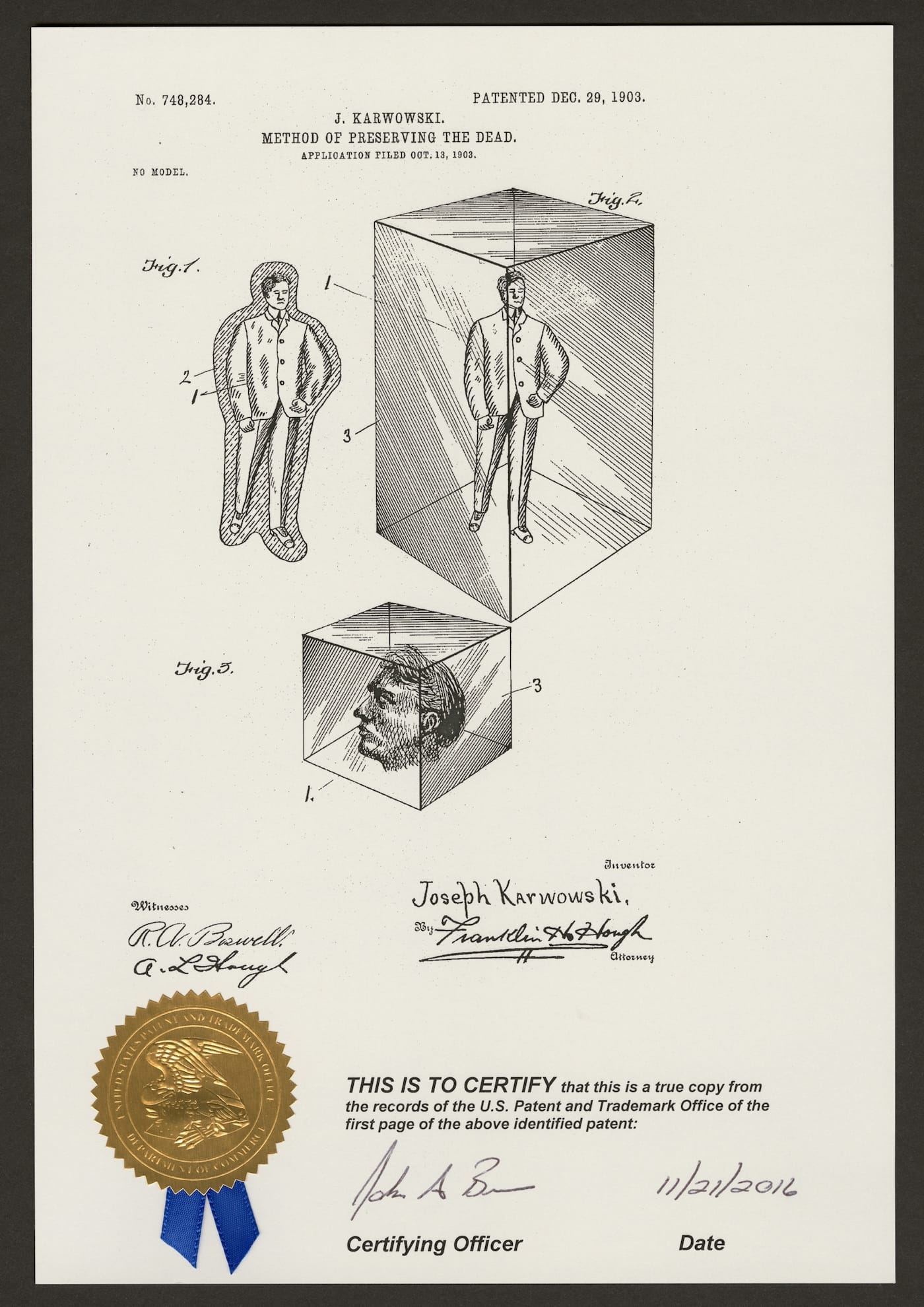 Joseph Karwowski, "Method of Preserving the Dead" (Washington, D.C.: United States Patent Office, 1903) (courtesy Corning Museum of Glass)