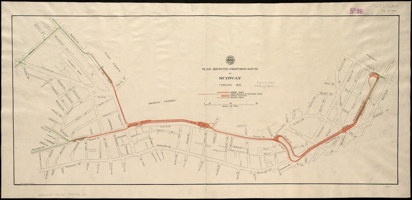 Boston (Mass.) Transit Commission, "Plan Showing Proposed Route of Subway, February 1895" (Boston, 1895) (courtesy Norman B. Leventhal Map Center, Boston Public Library)