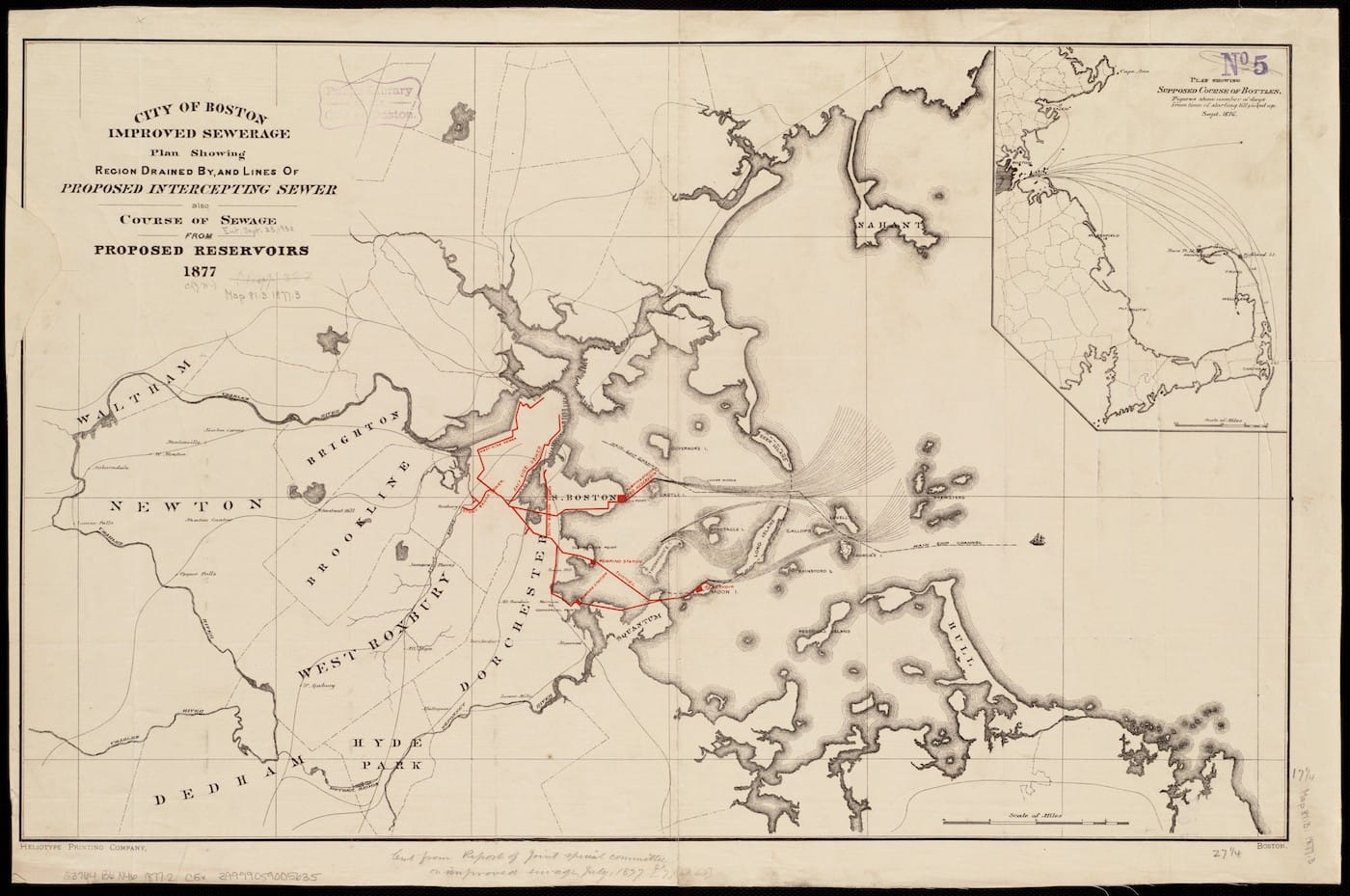 Boston (Mass.) City Council, Joint Special Committee on Improved Sewage, "City of Boston Improved Sewerage: Plan Showing Region Drained by, and Lines of Proposed Intercepting Sewer, also Course of Sewer from Proposed Reservoirs 1877" (Boston, 1877) (courtesy Norman B. Leventhal Map Center, Boston Public Library)