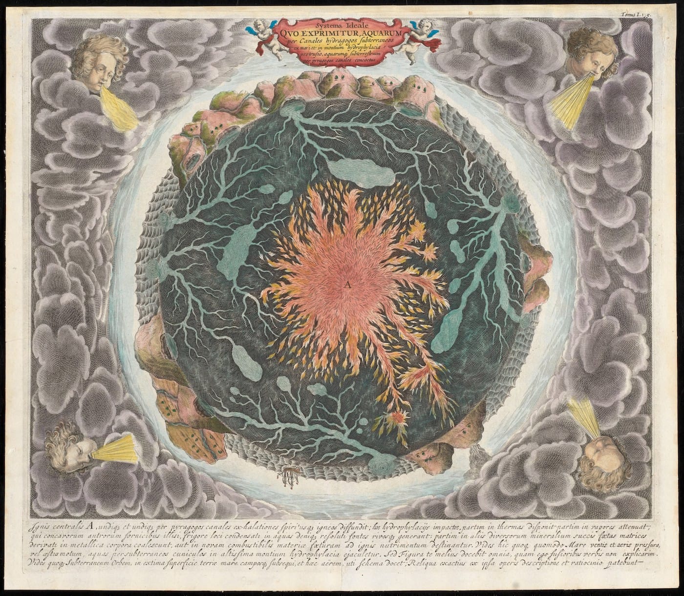 Athanasius Kircher, "Systema Ideale quo Exprimitur, Aquarum per Canales Hydragogos Subterraneos ex Mari et in Montium Hydrophylacia Protrusio, Aquarumq. Subterrestrium per Pyragogos Canales Concoctus, from <em>Mundus Subterraneus</em> (Amsterdam, 1665) (courtesy Norman B. Leventhal Map Center, Boston Public Library)