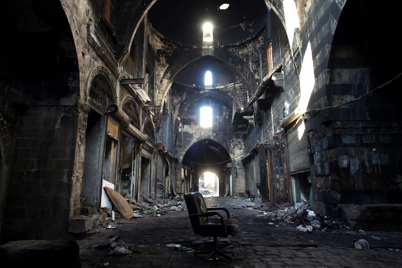 Syria, Souk of Aleppo: In September 2012, the Souk of Aleppo was consumed by a fire that burned for days (photo by the Asahi Shimbun / Getty Images / World Monuments Fund)