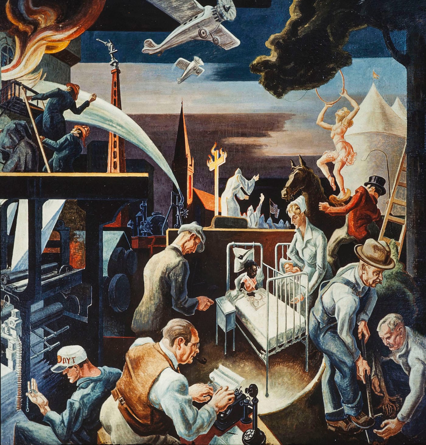 Cultural Panel X of Thomas Hart Benton's "A Social History of Indiana" (1933), “Parks, the Circus, the Klan, the Press” (photo by Kevin E Montague, Eskenazi Museum of Art)