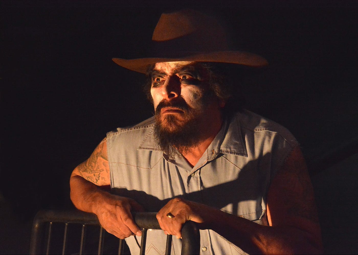 Paul Renteria as the ghost of El Sapo in An Enemy of the Pueblo at CASA 0101 in Boyle Heights (photo by Ed Krieger)