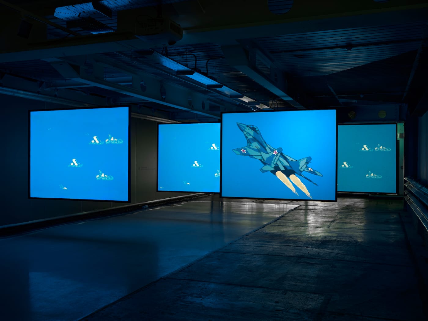 Cory Arcangel, "MIG 29 Soviet Fighter Plane and Clouds" (2005) (photo by Jack Hems, © Cory Arcangel, courtesy Lisson Gallery)