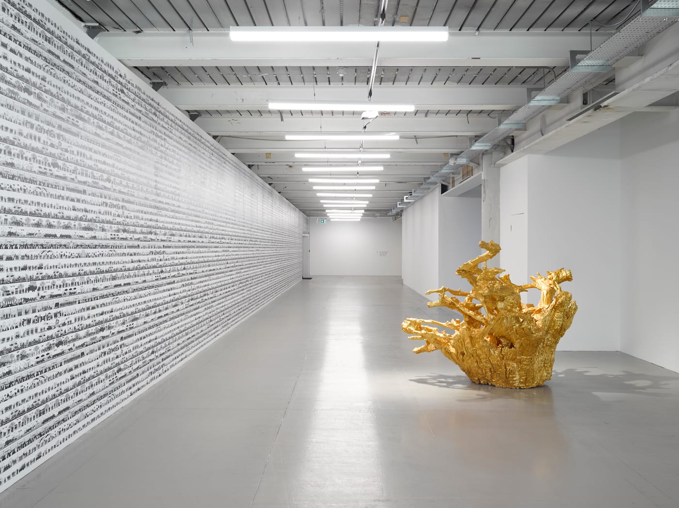 Ai Weiwei, wall Work: "Odyssey" (2016); floor works: "Iron Tree Trunk" (2015), "Iron Root" (2015) (photo by Jack Hems , © Ai Weiwei, courtesy Lisson Gallery)