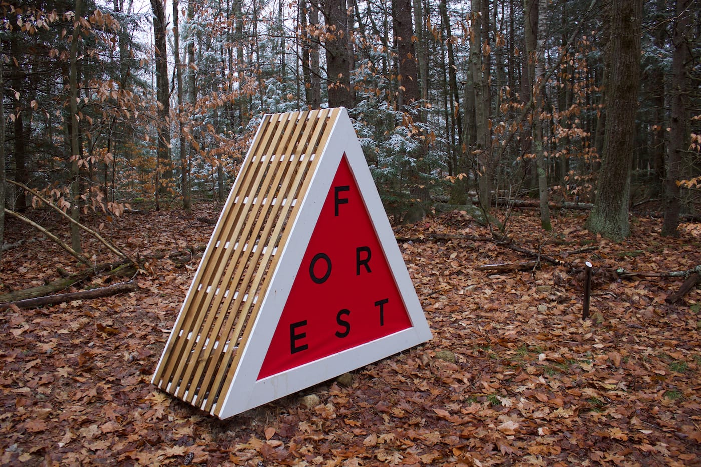 "Hemlock Hospice Forest Lantern, No. 2" (2017), installation at Harvard Forest, wood, acrylic paint, vinyl, and assorted hardware, 2 x 4 x 5 feet. Collaborators: Jackie Barry, David Buckley Borden, Dr. Aaron Ellison, Tim Lillis, and Lisa Q Ward (courtesy David Buckley Borden)