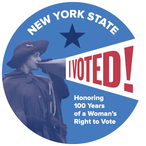 The Suffrage Centennial "I Voted" sticker, featuring Rosalie Jones (courtesy Office of Governor Andrew M. Cuomo)