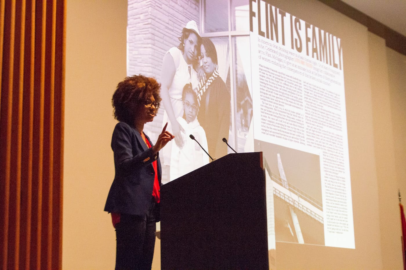 LaToya Ruby Frazier delivering a lecture at the Memphis College of Art in April 2017