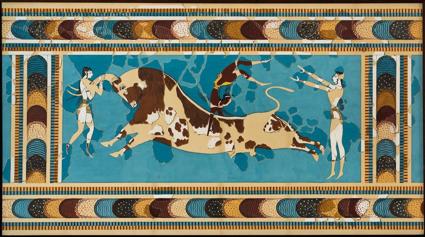 Émile Gilliéron père or fils, "Acrobats Leaping over a Bull" (20th century, before 1914), watercolor on paper, after a fresco from the Court of the Stone Spout, Knossos (courtesy Harvard Art Museums, Arthur M. Sackler Museum, gift of Mrs. Schuyler Van Rensselaer. image © Institute for the Study of the Ancient World, photo by Steve Gyurina)