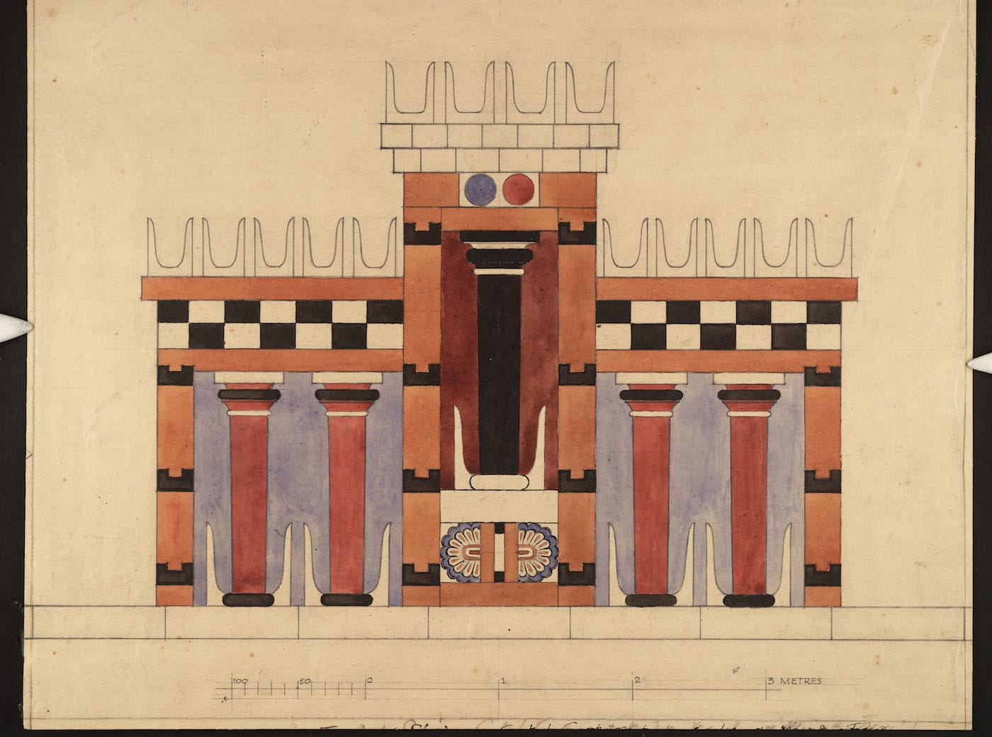Unidentified artist, "Imaginary Restored Elevation of the Central Court" (early 20th century), watercolor on paper, Columnar Shrine, Central Court, Knossos (courtesy Ashmolean Museum, University of Oxford: Evans Fresco Drawing, image © Ashmolean Museum, University of Oxford)