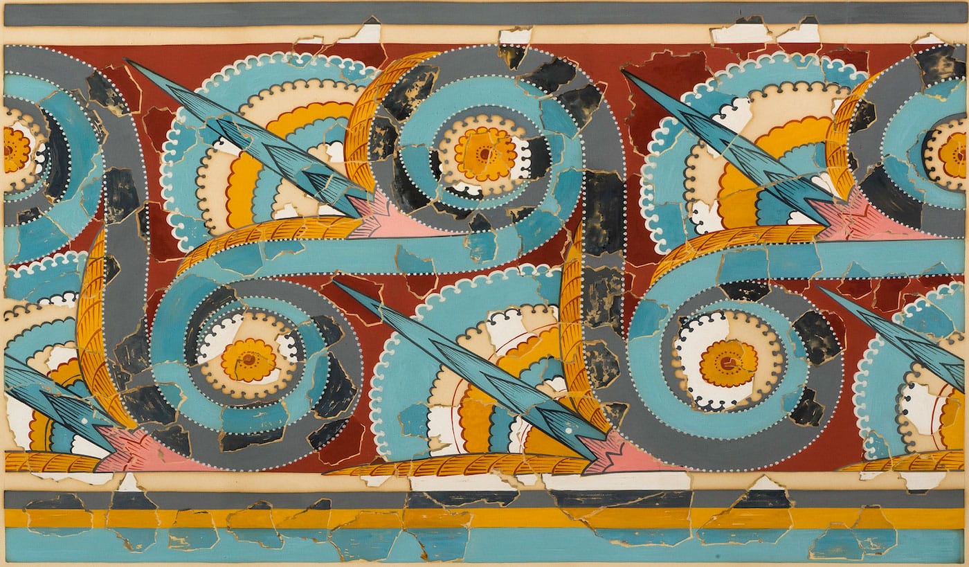 Ornamental frieze, watercolor on paper after a fresco from Palace of Tiryns, Argolis (19th–20th century, before 1914) (courtesy Harvard Art Museums, Arthur M. Sackler Museum, gift of Mrs. Schuyler Van Rensselaer, image © Institute for the Study of the Ancient World, photo by Steve Gyurina)