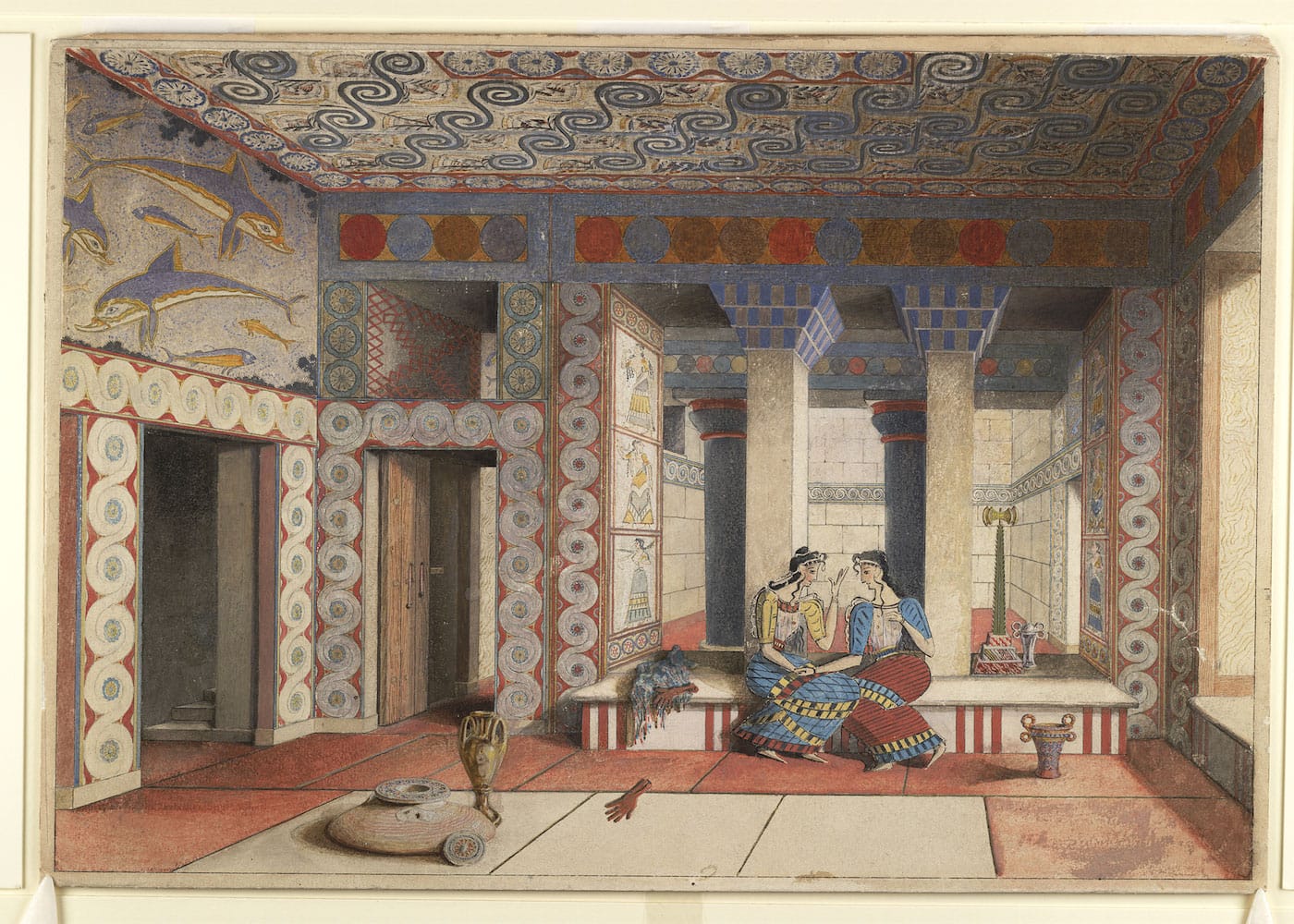 Émile Gilliéron fils, "Restored View of the Queen’s Megaron" (1931), watercolor drawing mounted on card, after the Queen’s Megaron, Knossos (courtesy Ashmolean Museum, University of Oxford: Evans Fresco Drawing, image © Ashmolean Museum, University of Oxford)